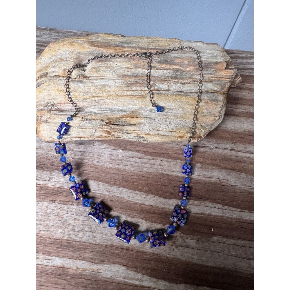Handcrafted Millefiori Glass Necklace With Adjustable Chain & Floral Blue Beads